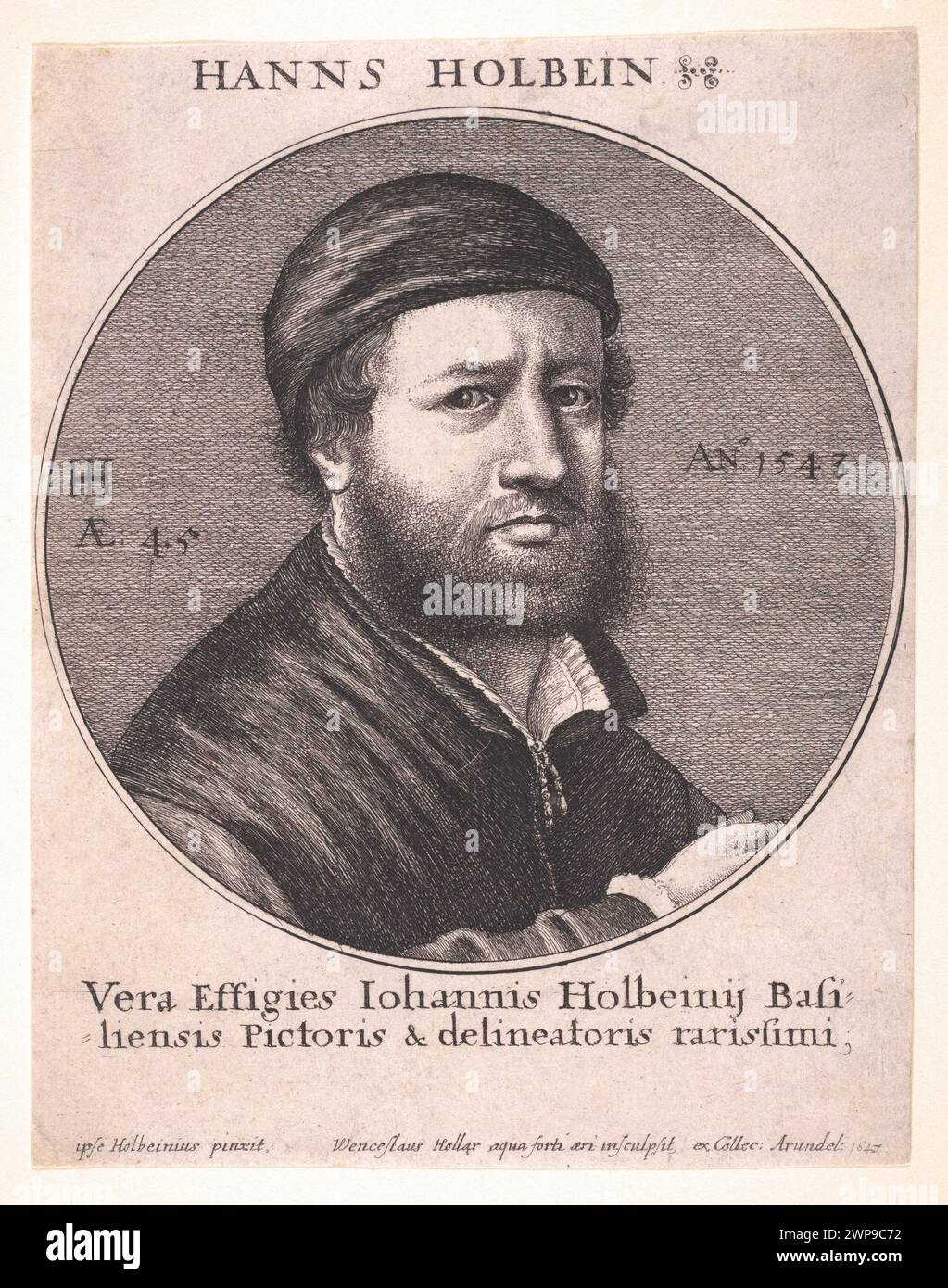 Ritratto di Hans Holbein, 1497 – 1543, incisione di Wenceslaus Hollar dopo l'autoritratto di Hans Holbein, Data 1647 Foto Stock