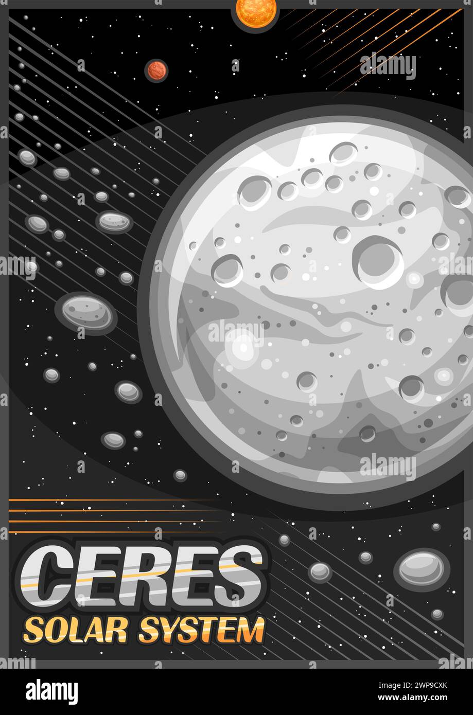 Poster vettoriale per Cerere, banner verticale con illustrazione del pianeta nano grigio in cintura di asteroidi su sfondo nero stellato, design dei cartoni animati futuristico Illustrazione Vettoriale