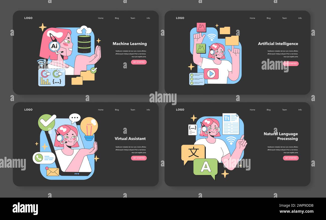 Set Tech Evolution. Immergiti nei processi di apprendimento automatico, esplora i settori dell'intelligenza artificiale, interagisci con assistenti virtuali e cogli l'elaborazione del linguaggio naturale. illustrazione vettoriale Illustrazione Vettoriale
