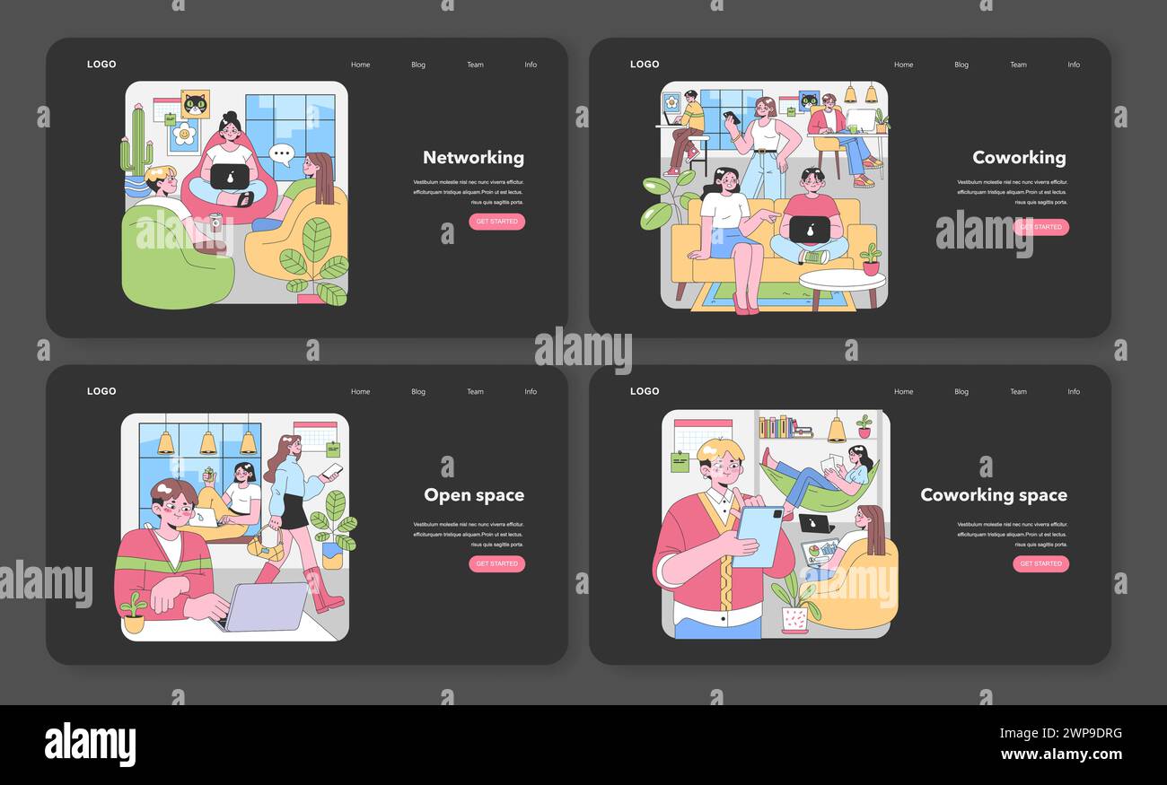 Set di spazi di lavoro moderni. Ambienti collaborativi con professionisti che interagiscono connessione digitale, brainstorming creativo e riunioni produttive. Interni accoglienti con piante e illustrazioni vettoriali tecnologiche Illustrazione Vettoriale