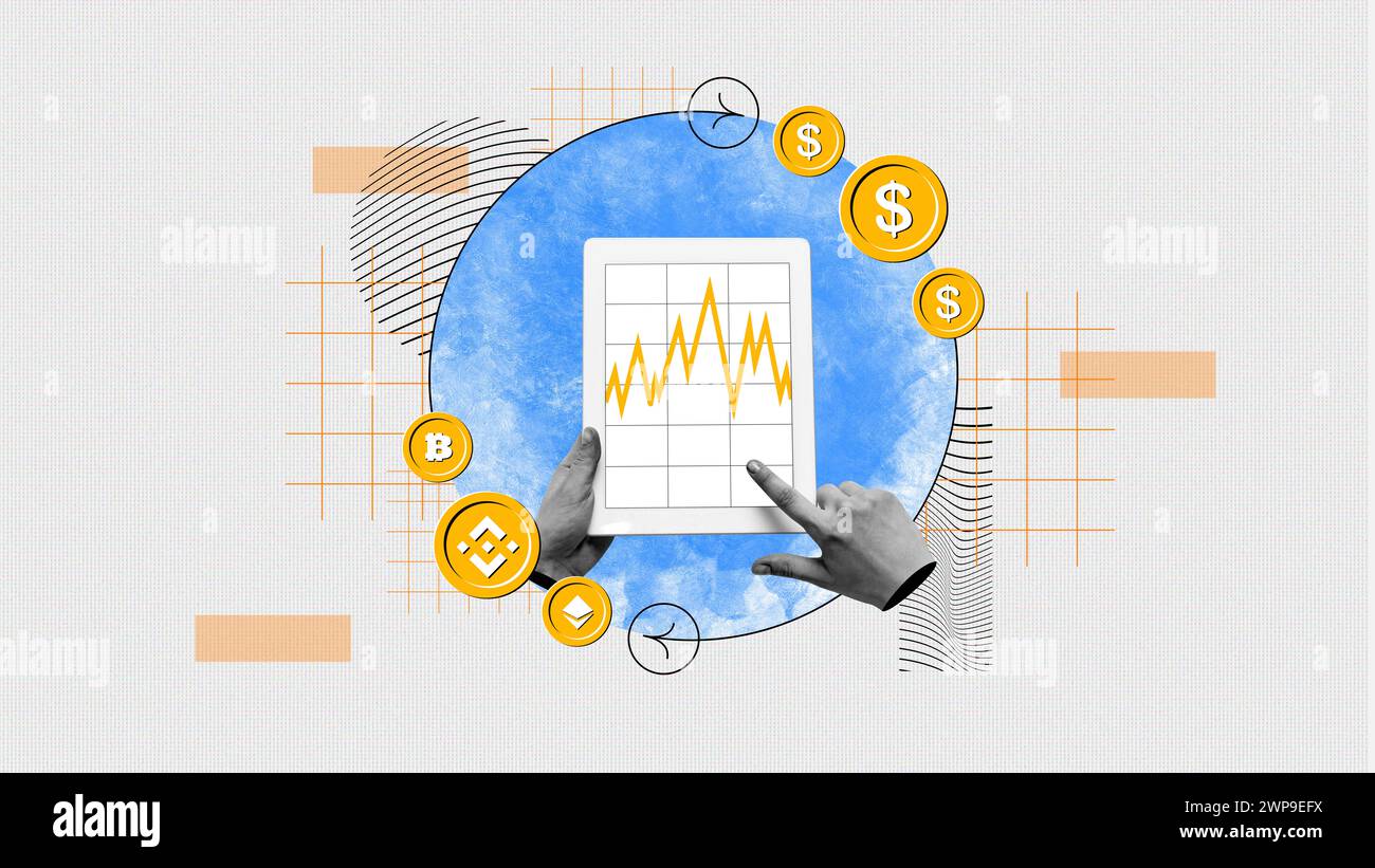 Persona che detiene un tablet con grafico finanziario sullo schermo. Analisi dei prezzi delle criptovalute, monitoraggio degli investimenti e monitoraggio del mercato delle criptovalute Foto Stock