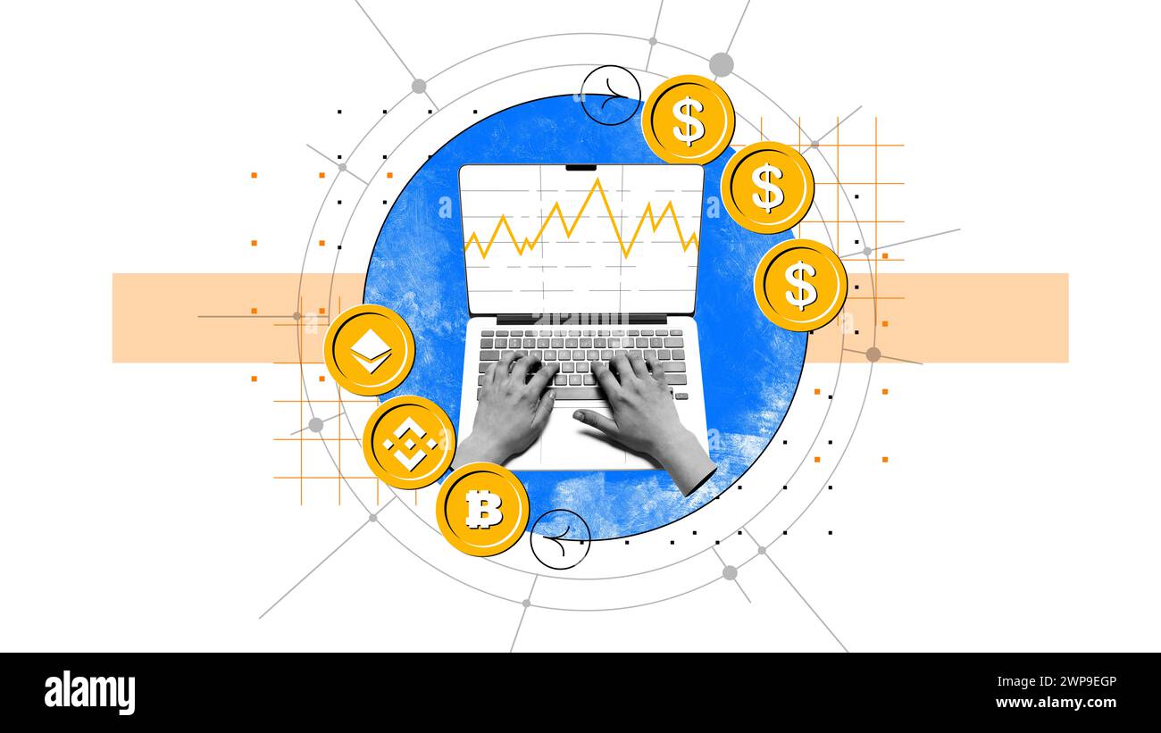 Risveglio delle mani sul notebook con grafico finanziario sullo schermo. Analisi dei prezzi delle criptovalute, monitoraggio degli investimenti e monitoraggio del mercato delle criptovalute Foto Stock