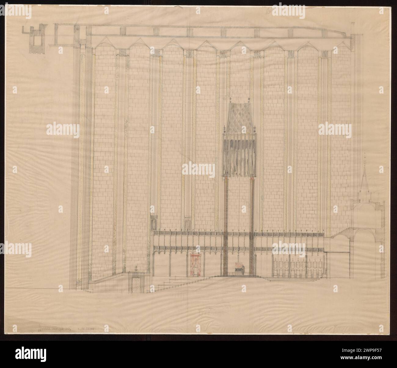 Sezione trasversale architettonica di Bohdan Pniewski che mostra il presbiterio, il trono episcopale e la stalla del Tempio della Divina Provvidenza a Varsavia, 1938, parte di una raccolta documentata. Foto Stock