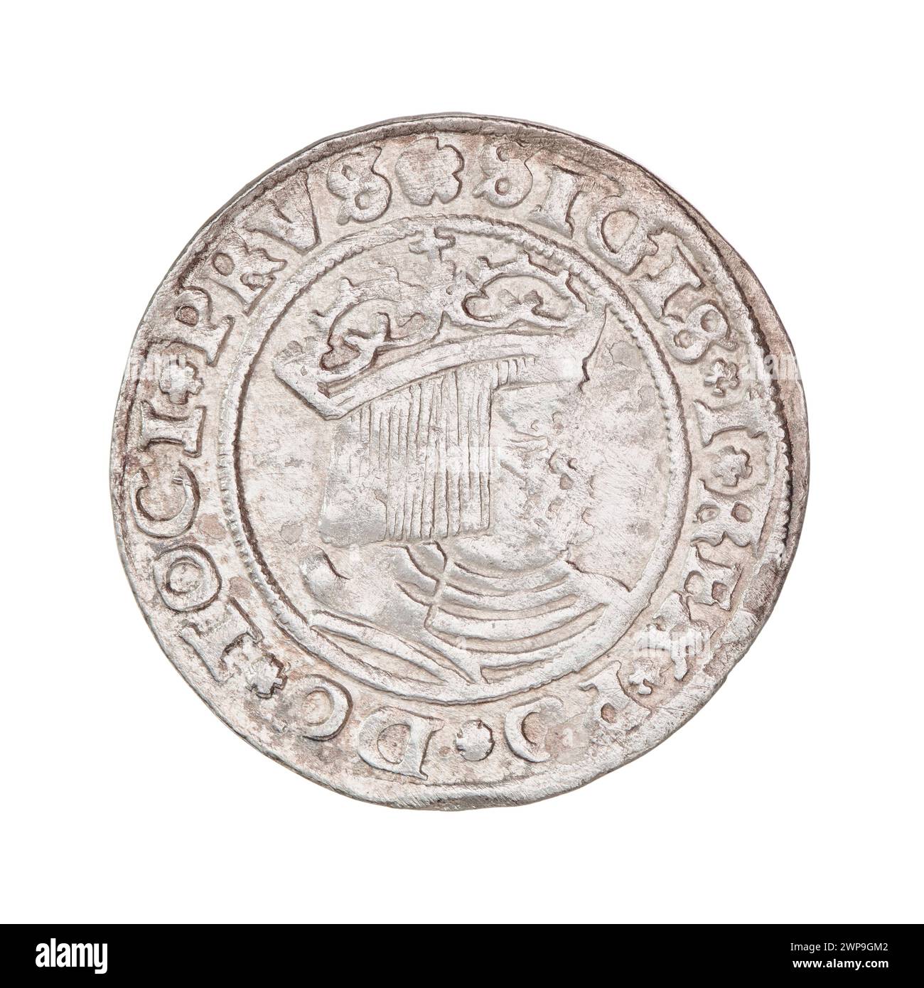 Un penny prussiano coniato nel 1530 sotto Zygmunt i Stary, re di Polonia, mostrava le caratteristiche delle monete d'epoca. Foto Stock