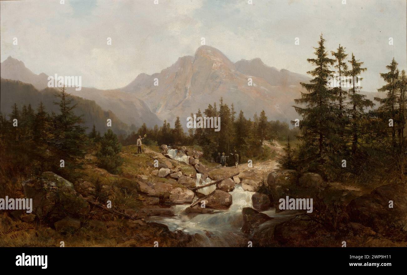 Pittura paesaggistica dei Monti Tatra di Franciszek Wastkowski, 1880, che mostra pietre, ruscelli, abeti rossi, e paesaggi di montagna nello stile del realismo. Provenienza d'acquisto documentata. Foto Stock