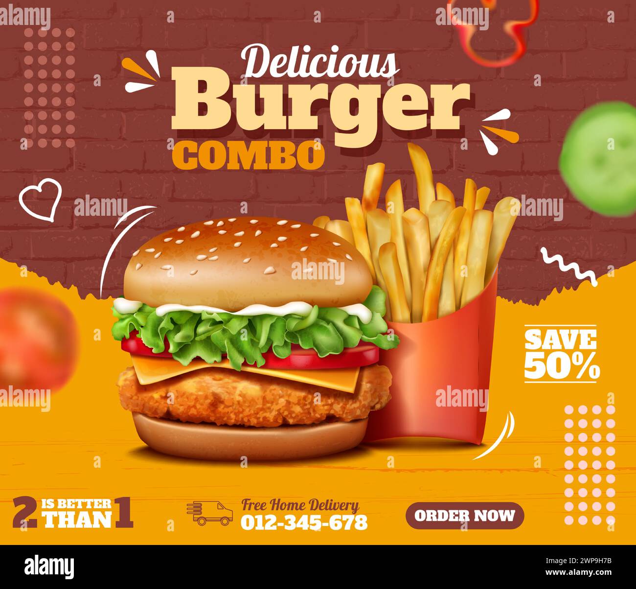 Fast food. Burger pubblicità sui social media. Cheeseburger con salsa e patatine fritte. Pasto di strada combinato. Menu del ristorante di carne. Promozione fast food Cafe. Delizioso hamburger. Modello di progettazione vettoriale Illustrazione Vettoriale