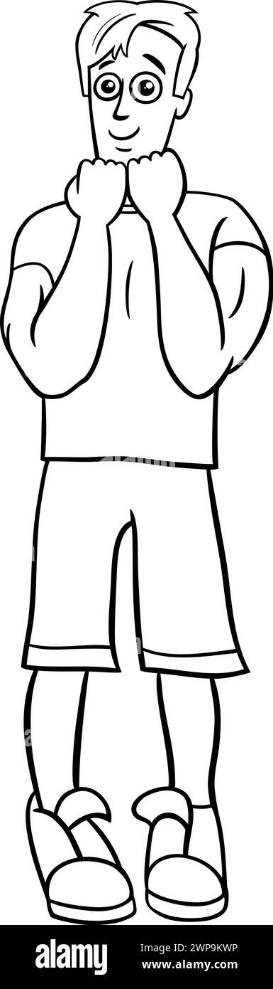 Illustrazione cartoni animati di divertente giovane uomo fumetto personaggio colorare pagina Illustrazione Vettoriale
