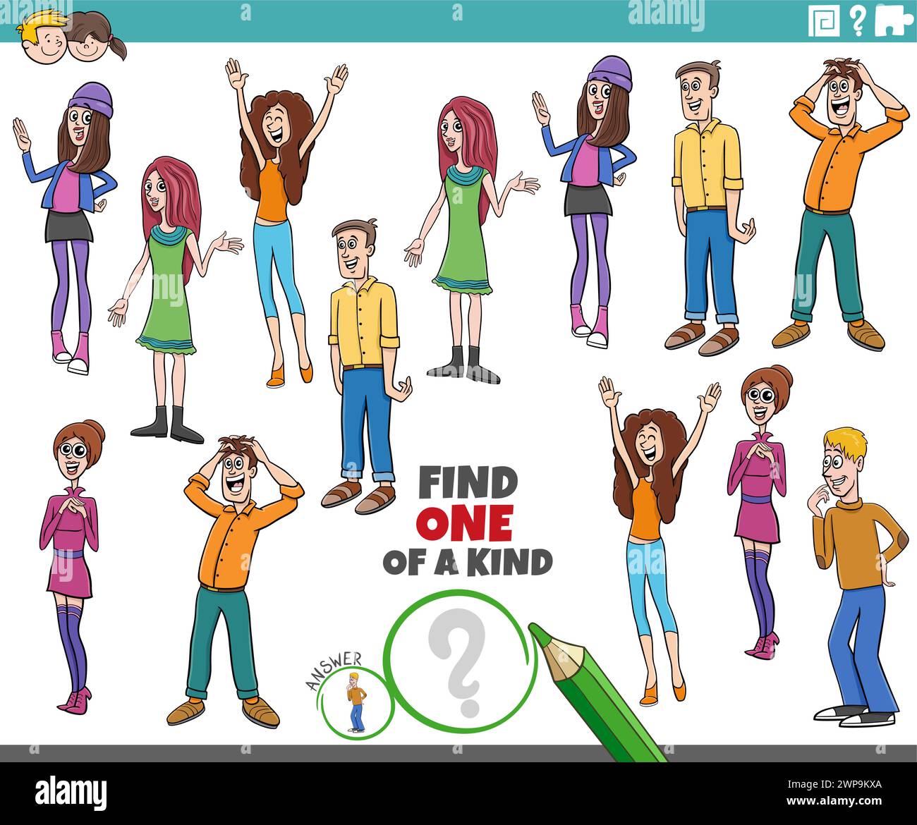 Illustrazione a cartoni animati di Find One of a kind picture Educational game con personaggi giovani Illustrazione Vettoriale