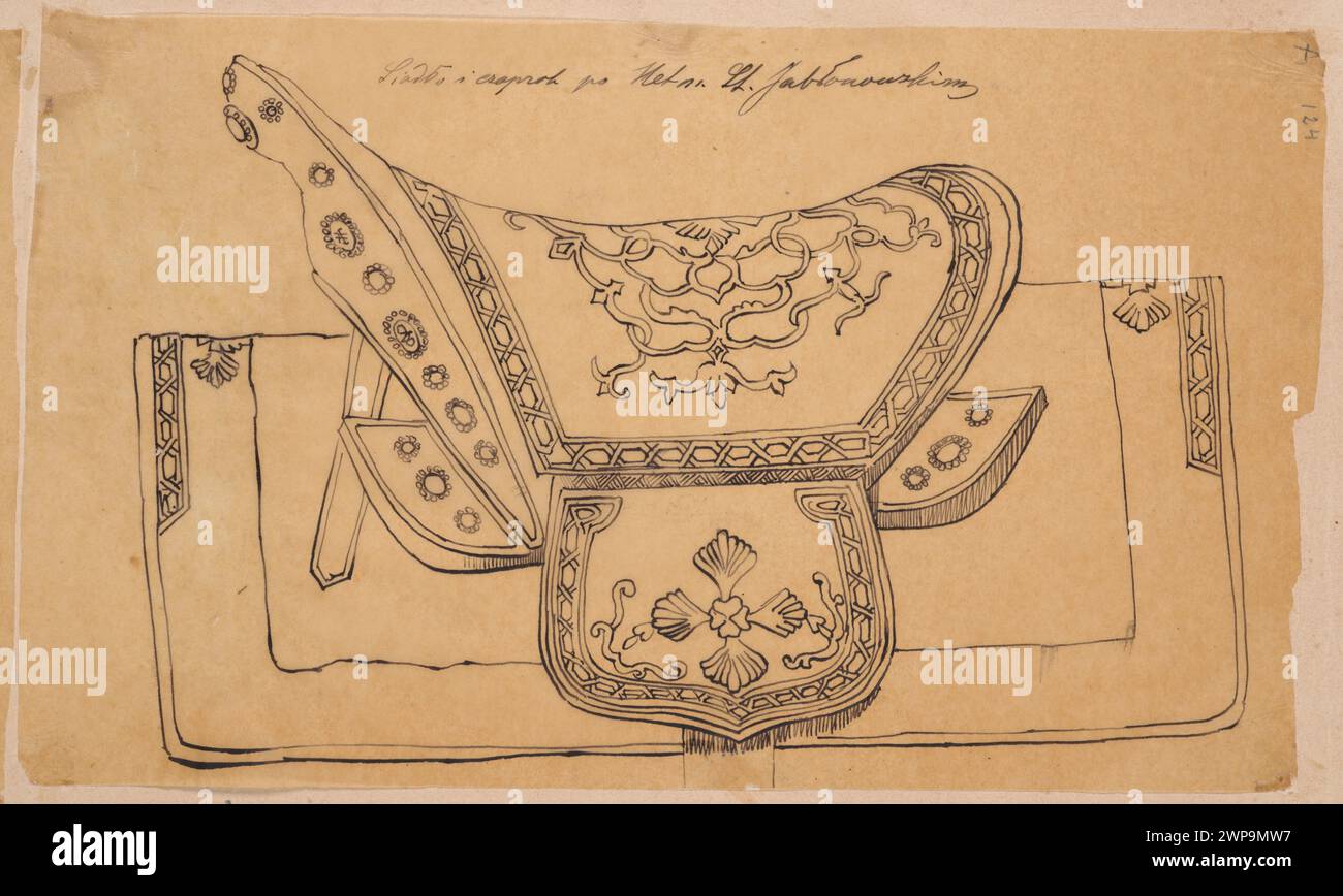 Illustrazione di una sella e sottosella del XVII secolo associata a Crown Hetman Stanisław Jabłonowski, creata da Władysław Czachórski nel 1870, che mostra elementi decorativi e di design. Foto Stock