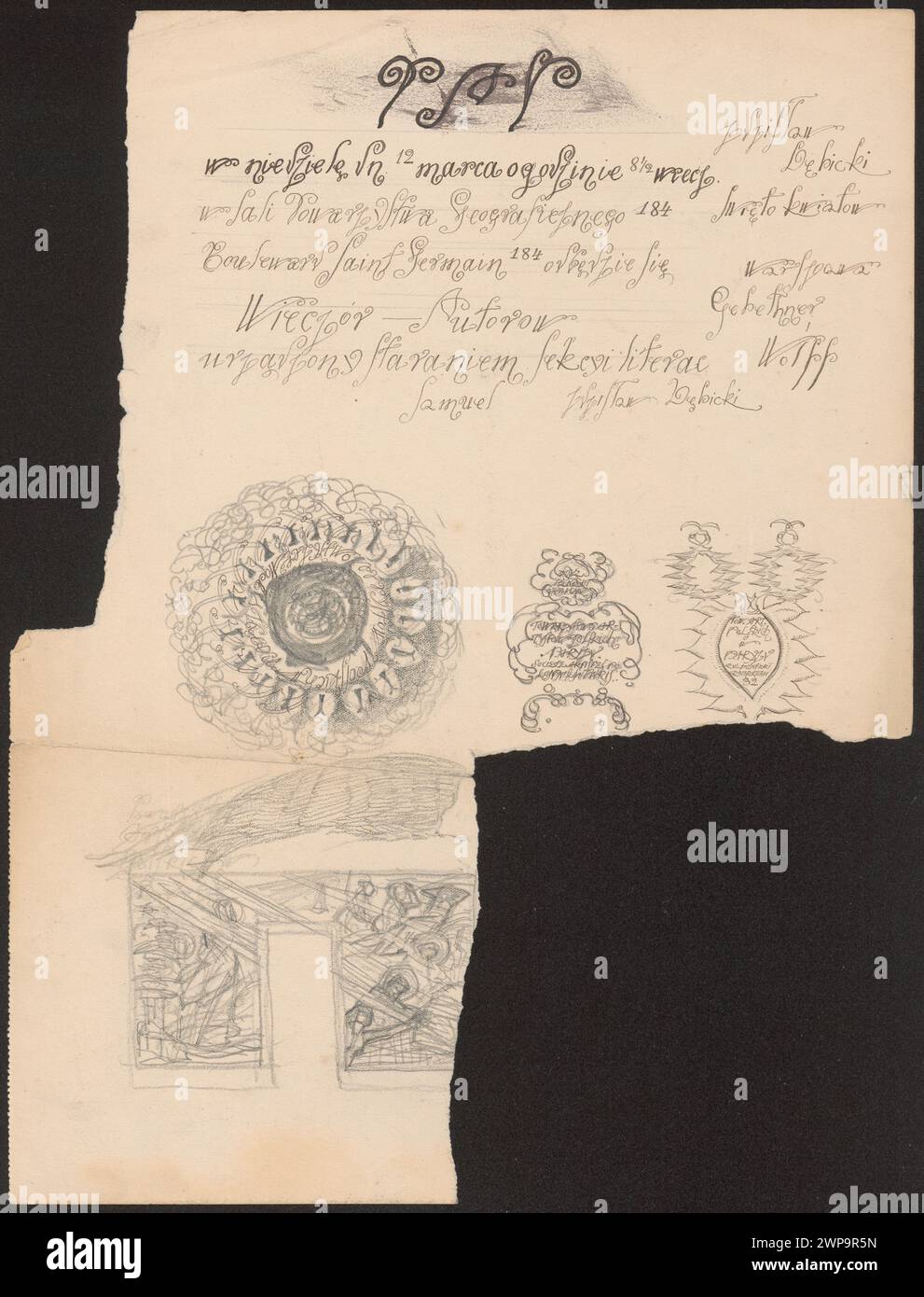 Dopo il 1908, Tadeusz Makowski creò test calligrafici e due progetti di iscrizioni decorative, concentrandosi sul design del testo, l'ornamento e il layout, con la provenienza registrata. Foto Stock