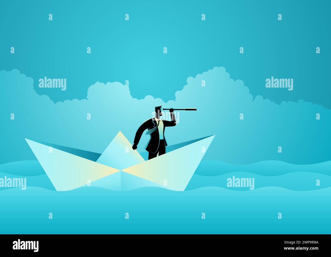 L'uomo d'affari che usa un telescopio mentre si trova su una piccola barca di carta nell'oceano espansivo simboleggia il coraggio di avventurarsi nell'ignoto, visione, Illustrazione Vettoriale