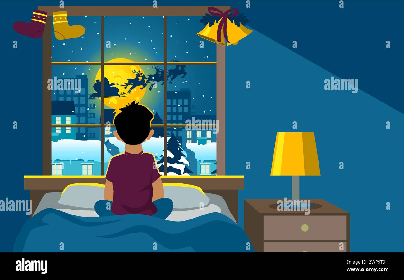 Illustrazione che cattura la meraviglia del Natale. Il ragazzo guarda fuori dalla finestra la notte illuminata dalle stelle, scoprendo la magica silhouette di Babbo Natale e. Illustrazione Vettoriale