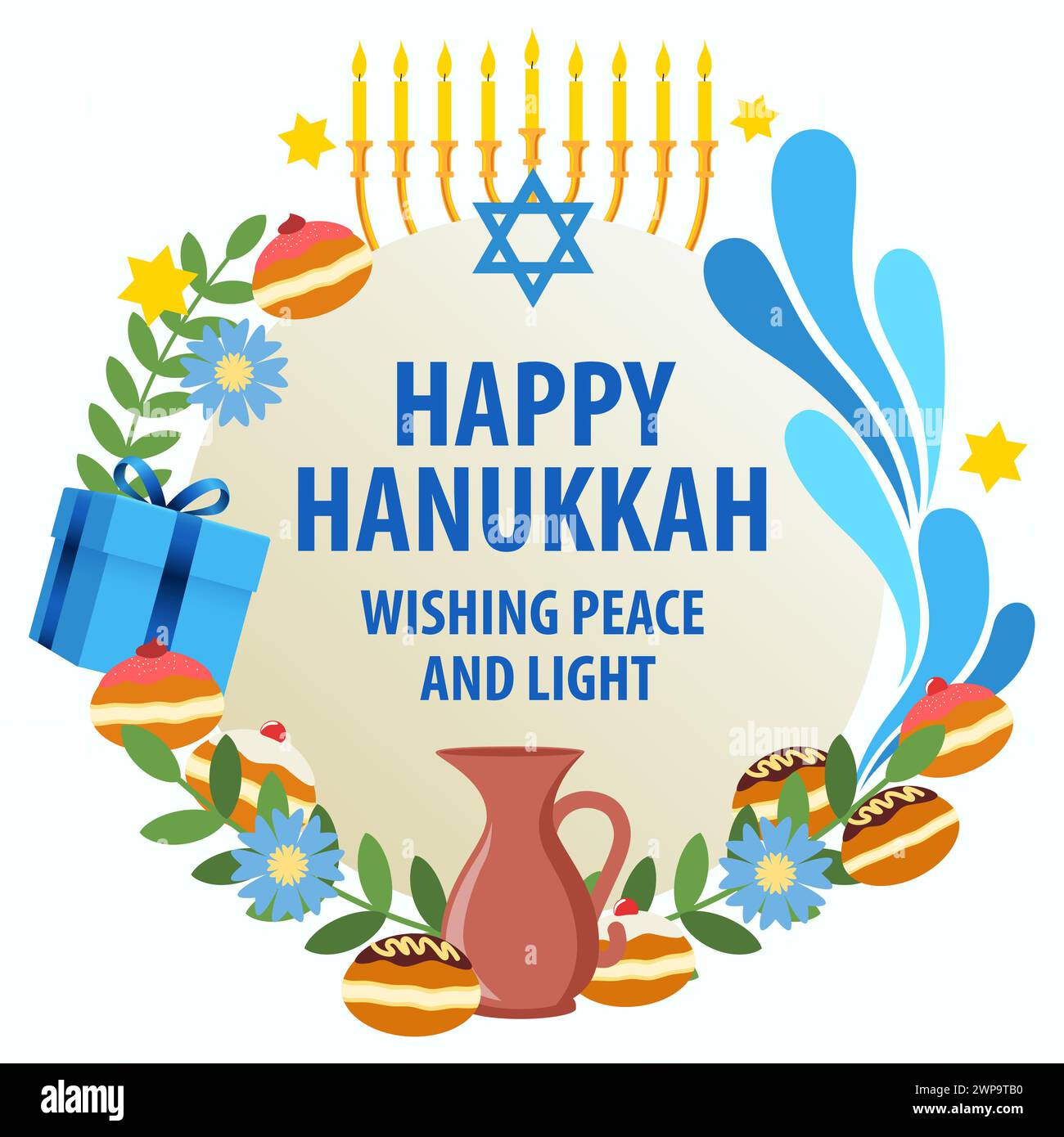 Illustrazione vettoriale di simboli circolari decorativi Hanukkah e grafica per striscioni o biglietti di auguri Illustrazione Vettoriale