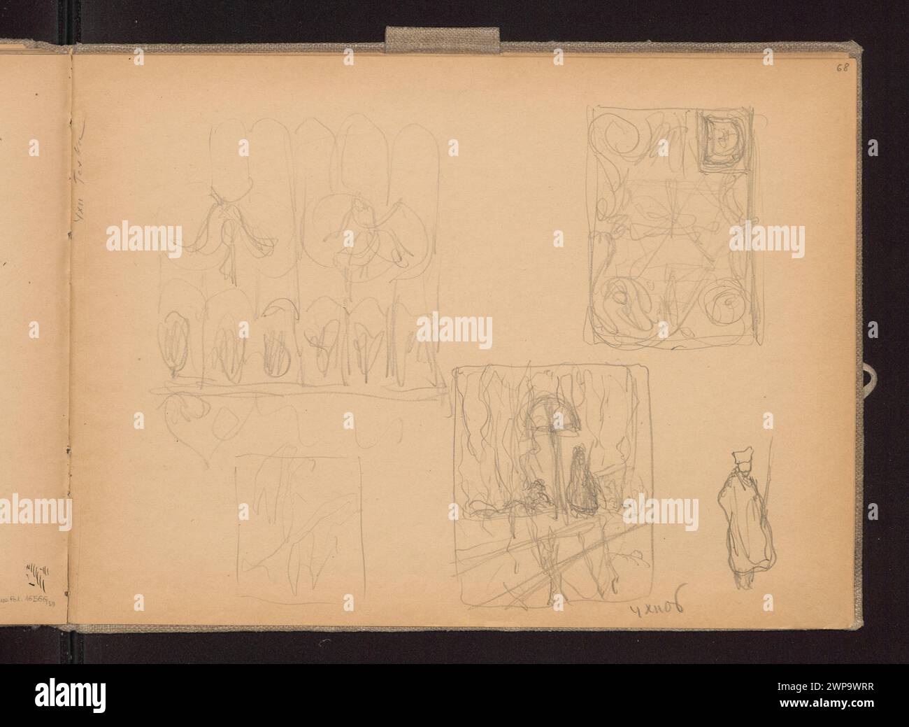 Bozzetti della griglia e degli inutili sulla guardia; verso: Bozzetto del gioco della griglia (bozzetti di illustrazioni alla modifica di Henryk Sienkiewicz 'Dzwonnik'); Ruszczyc, Ferdynand (1870-1936); 1906 (1906-00-00-1906-00-00-00); Partage Plus, Sienkiewicz, Henryk (1846-1916) - illustrazione, acquisto (provenienza) Foto Stock