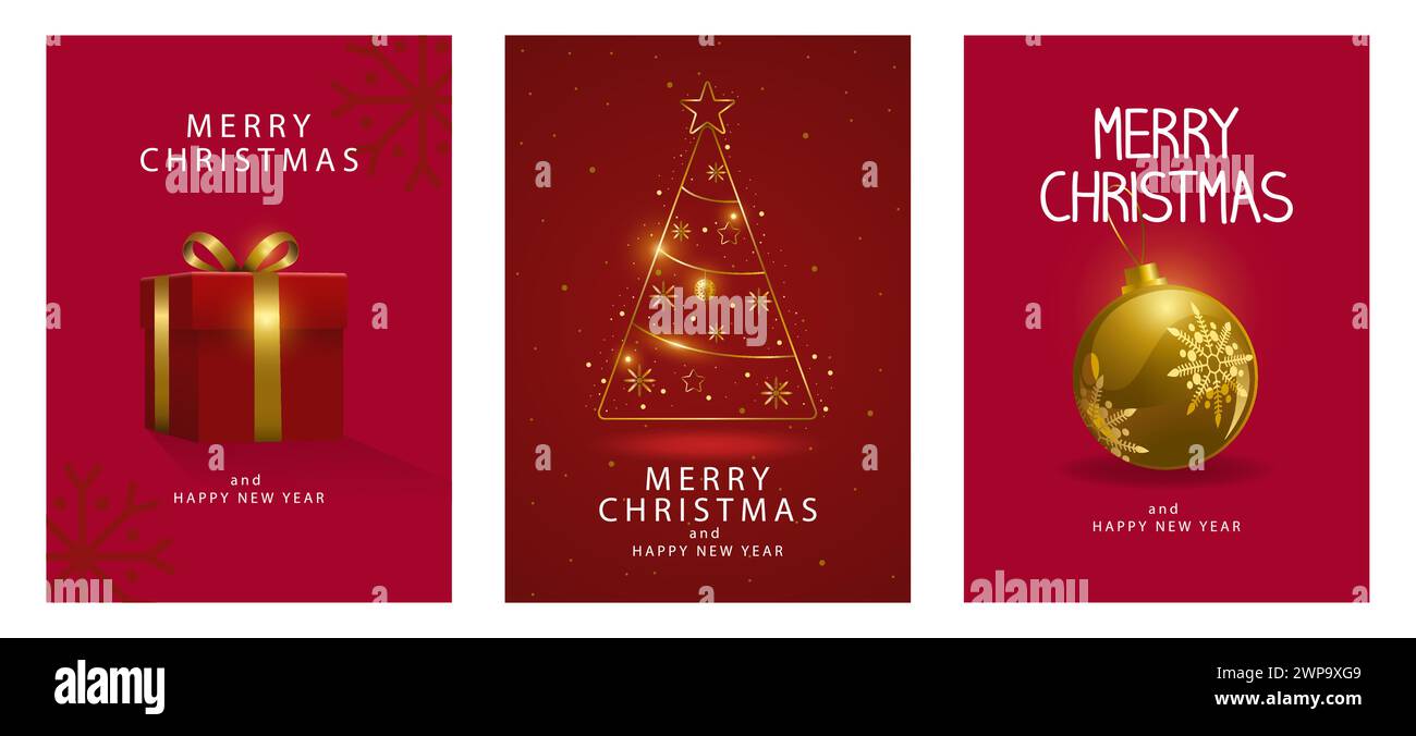 Auguri natalizi con questi lussuosi biglietti d'auguri decorati in oro per Natale e Capodanno. Ogni carta presenta un aest moderno e di gusto Illustrazione Vettoriale