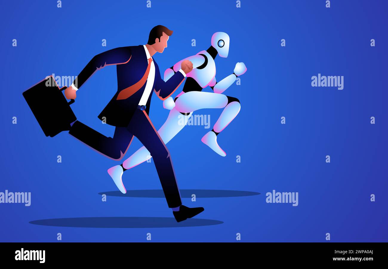 Illustrazione concettuale di un uomo d'affari che corre contro un robot, rappresentazione dell'ingegno umano che sfida il progresso tecnologico. Illustrazione Vettoriale