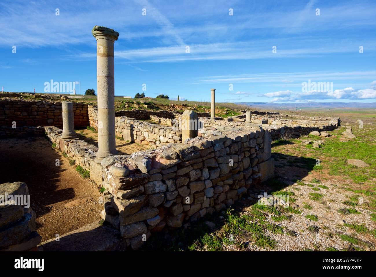 Colonne nell'insediamento celtiberiano a Garray, provincia di Soria, Castilla Leon in Spagna. Foto Stock
