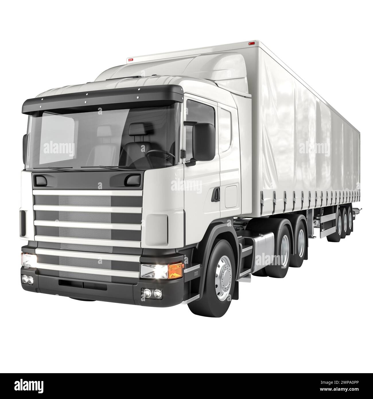 Immagine estremamente dettagliata di un semi-camion elegante e moderno isolato su uno sfondo bianco. rendering 3d. Foto Stock