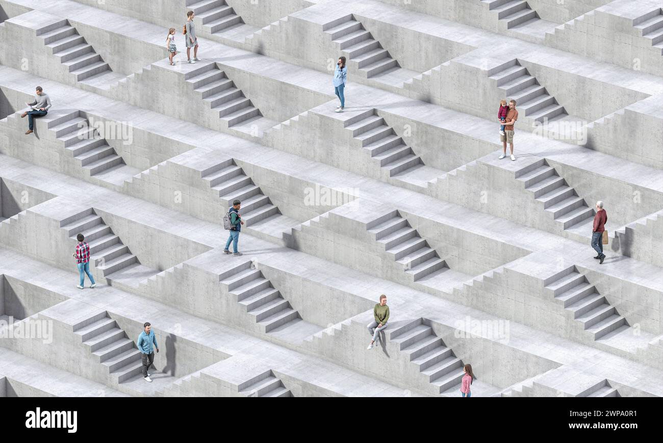 Gli individui navigano in un labirinto di scale in cemento. rendering 3d. Foto Stock