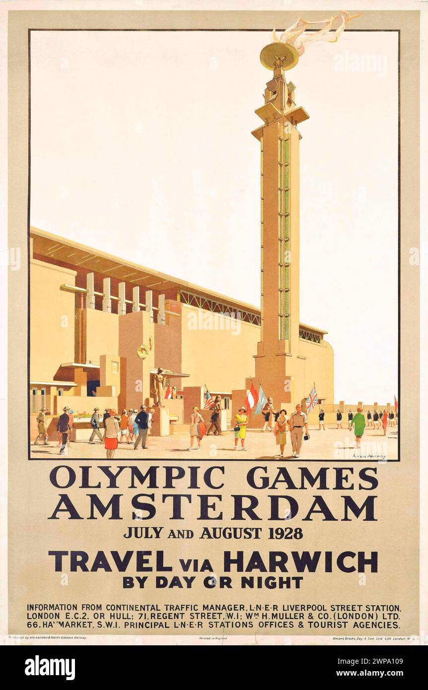 Poster vintage Travel Olympics. Poster di viaggio per i Giochi Olimpici di Amsterdam 1928 Foto Stock
