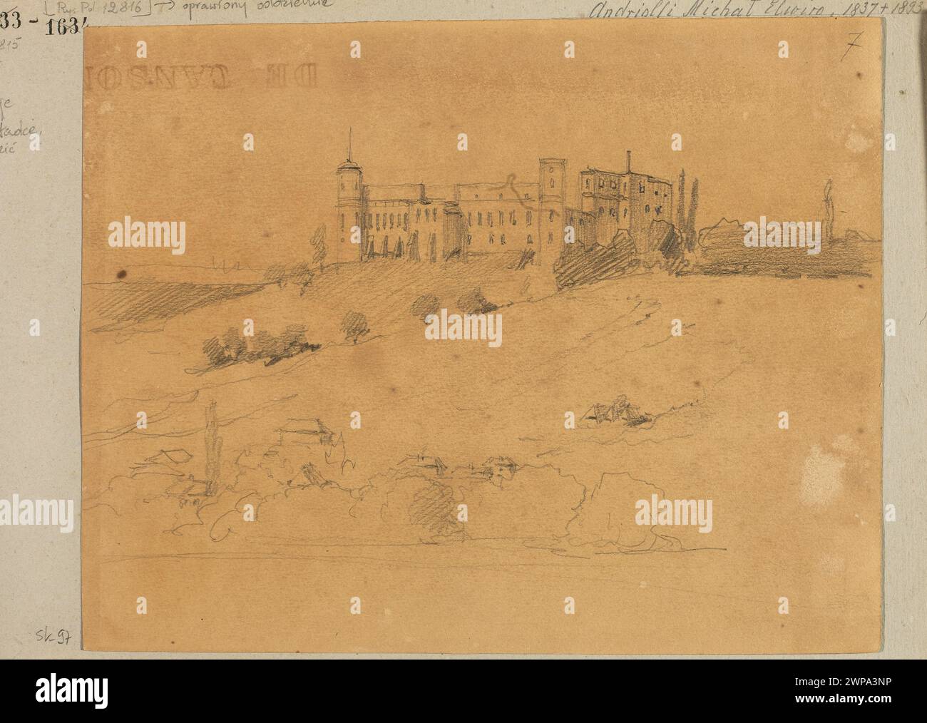 Schizzo del castello di Janowiec sulla Vistola di Micha Elwiro Andriolli intorno al 1880, raffigurante rovine gotiche, vedute della città e paesaggio nel Voivodato di Lubelskie, Polonia. Foto Stock