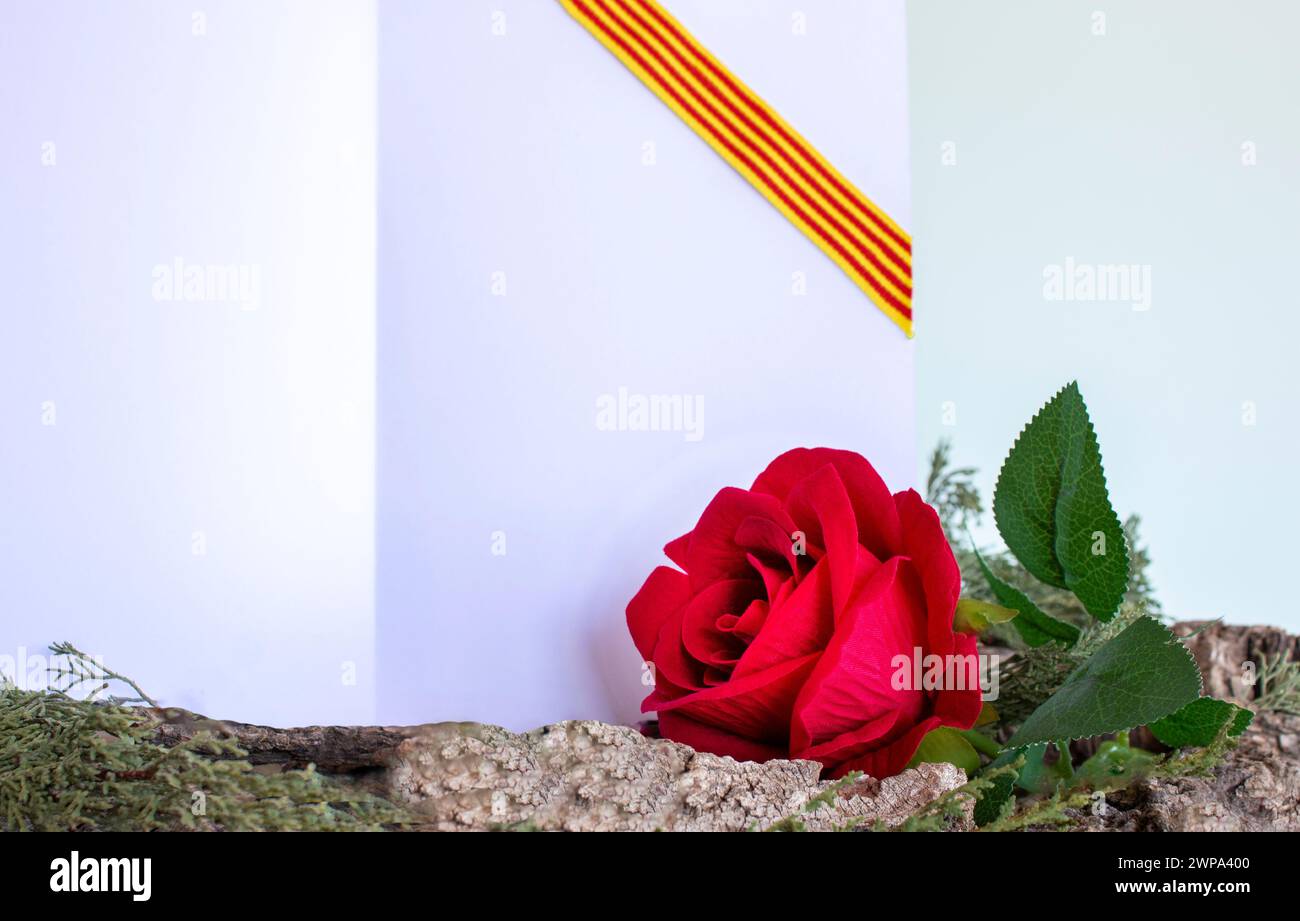 Rosa rossa sulla corteccia di un albero e una pagina bianca sullo sfondo e un nastro con la bandiera della Catalogna Foto Stock