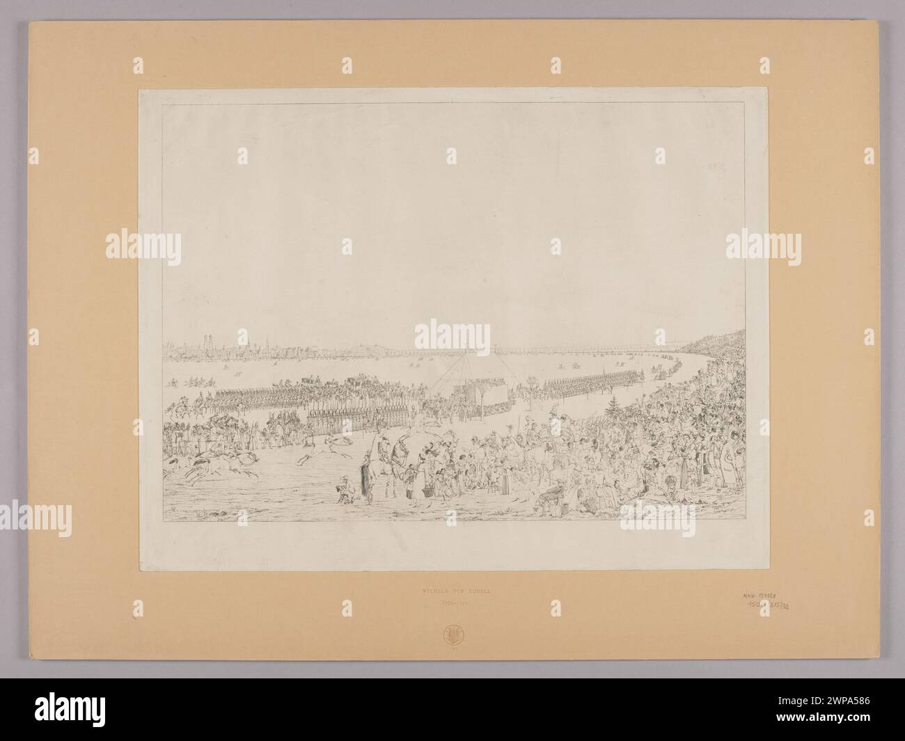 Raffigurazione delle prime carrozze trainate da cavalli all'Oktoberfest di Monaco, 1810, di Wilhelm von Kobell, che mostra l'attività del festival e i veicoli di trasporto. Foto Stock