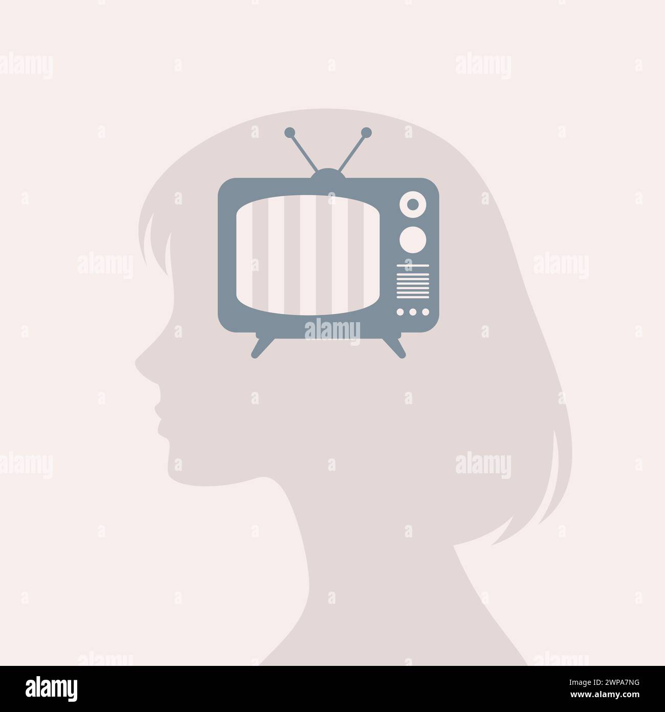 Silhouette femminile con TV all'interno della testa, illustrazione vettoriale piatta Illustrazione Vettoriale