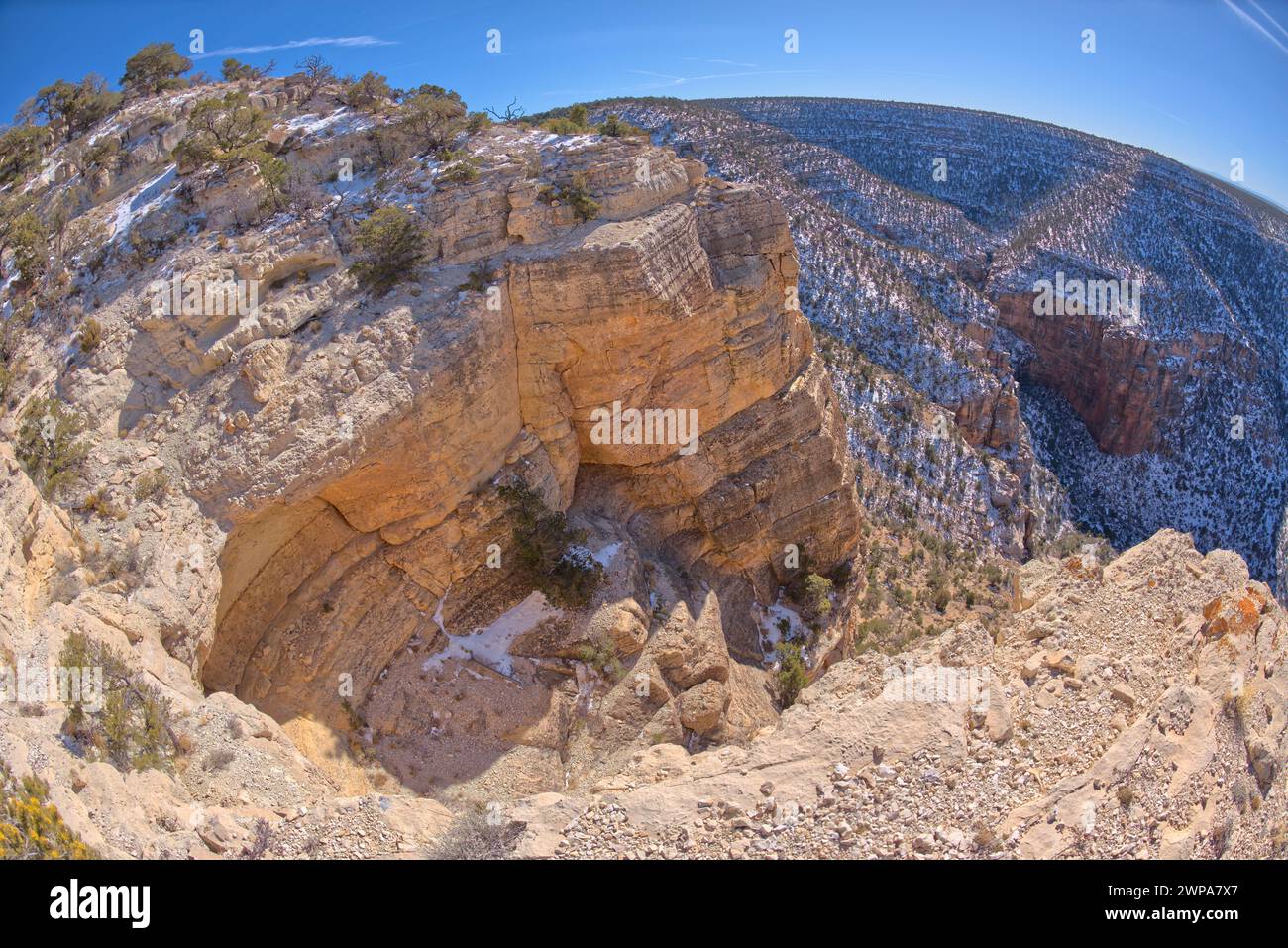 Un ripido abisso dalle scogliere del Waldron Canyon vista a ovest di Hermits Rest al Grand Canyon Arizona. Foto Stock