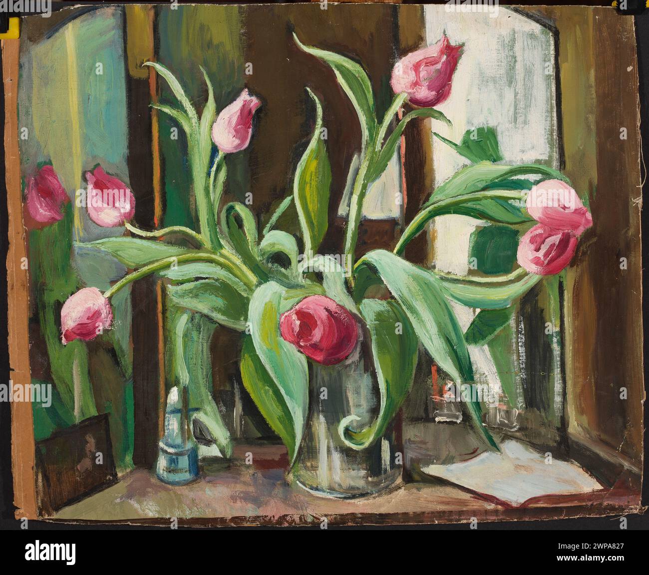 Pittura STILL Life di Helena Eborowicz-Zaleska, raffigurante tulipani in un ambiente interno, creato prima del 1962, che rappresenta arte floreale contemporanea e decorazione d'interni. Foto Stock