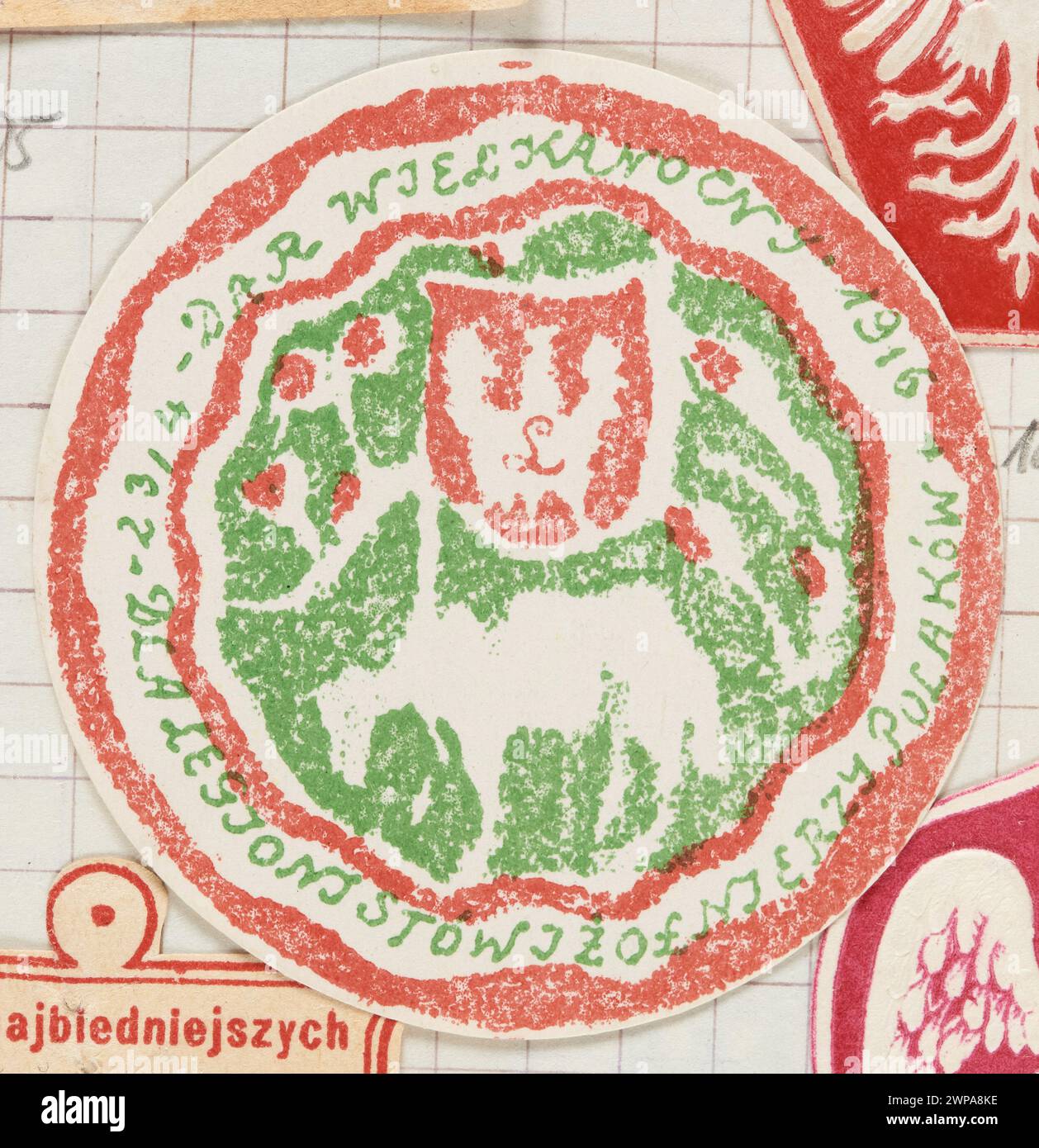 Questo francobollo presenta emblemi polacchi con la lettera 'l' e il testo '23/4 Easter Dar 1916', associati ai legionari nel 1916. Foto Stock