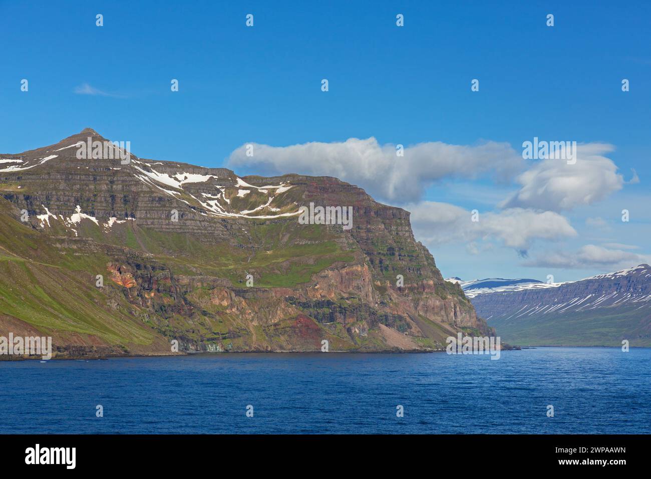 Aspre montagne e scogliere ripide lungo il fiordo Seyðisfjörður / Seydisfjoerdur in estate, regione orientale / Austurland, Islanda Foto Stock