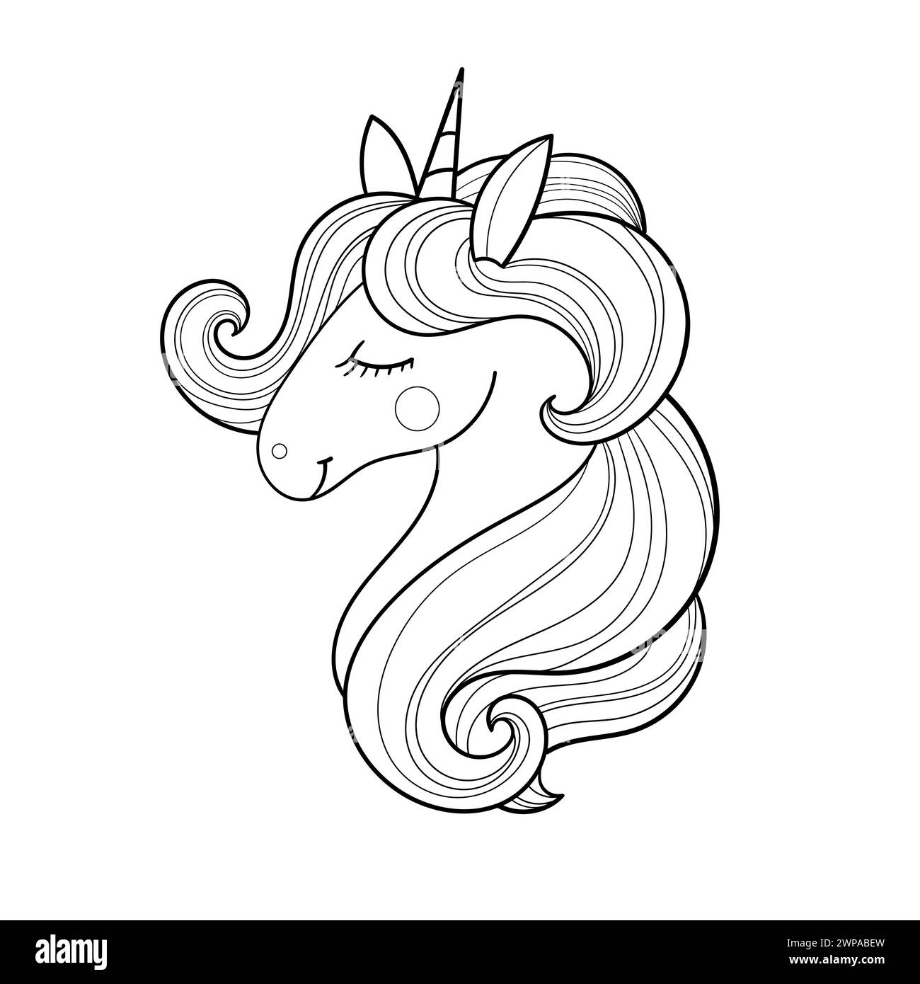 Testa di unicorno con criniera. Disegno lineare in bianco e nero. Carattere fantastico. Per la progettazione di libri da colorare, stampe, poster, biglietti, adesivi per bambini Illustrazione Vettoriale