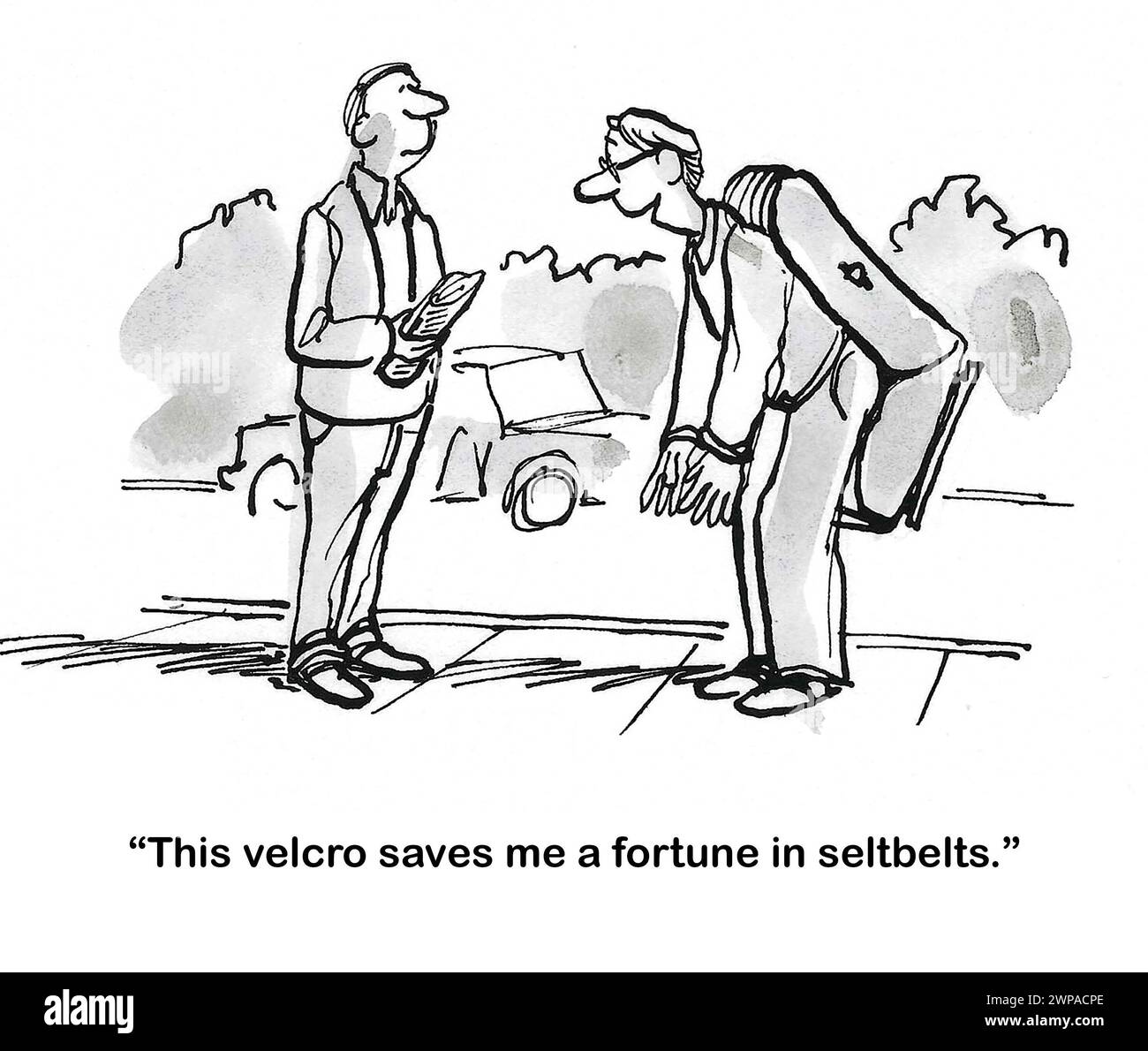 Il cartone animato BW di un uomo che parla con il suo amico - porta con sé un seggiolino per auto ovunque - preferisce il velcro alle cinture di sicurezza Foto Stock