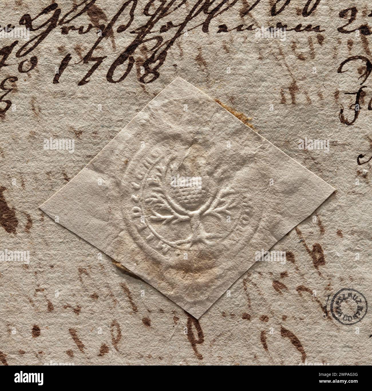 Raffigurazione del sigillo urbano di MiMychód del 1768, che mostra lo stemma della città con le mura, utilizzato nei documenti ufficiali, parte della collezione di Witold Żurakowski. Foto Stock