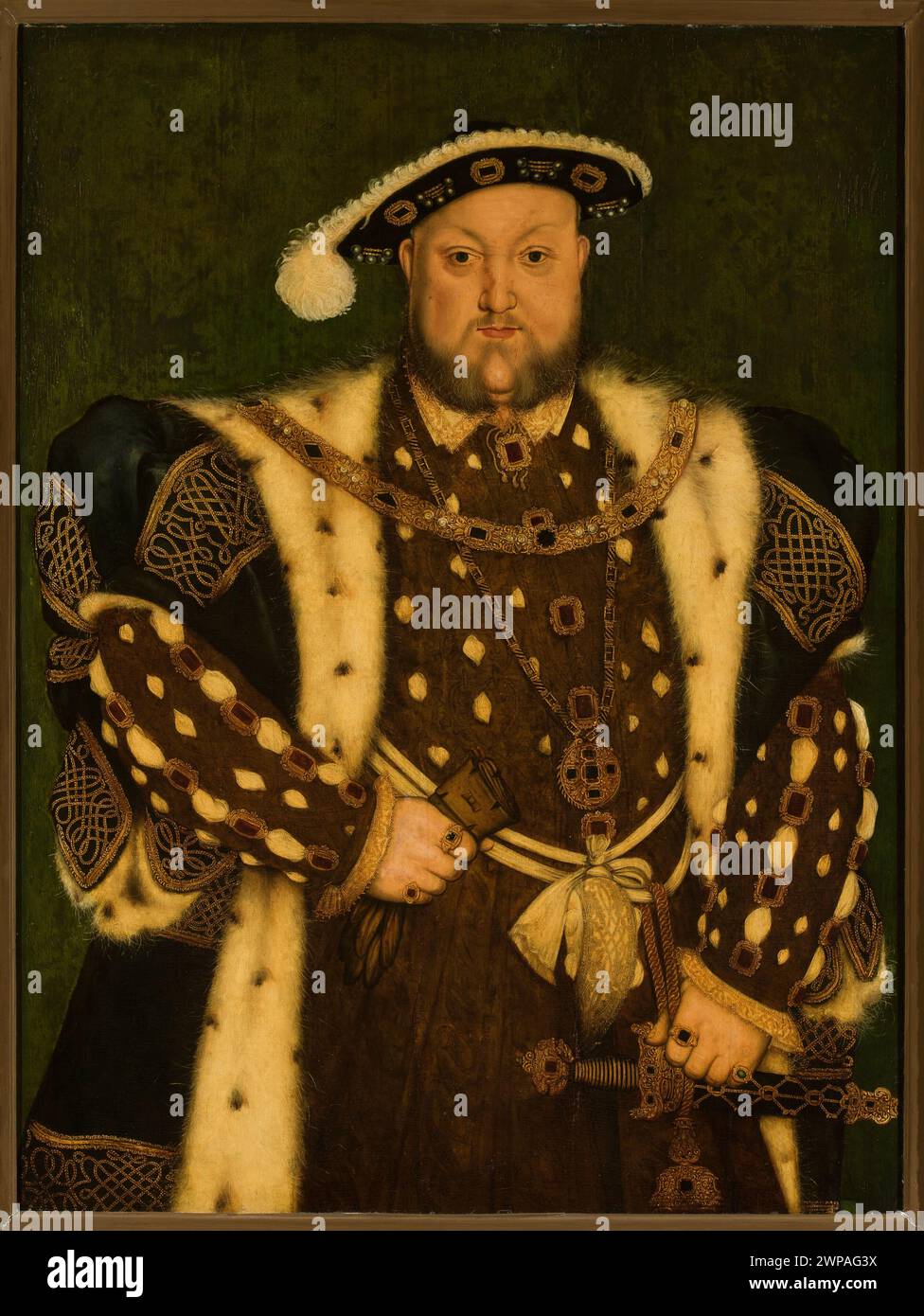 Questo ritratto del XVI secolo raffigura re Enrico VIII d'Inghilterra, mostrando le sue caratteristiche facciali, l'abbigliamento e le insegne Tudor, sottolineando l'autorità e la rappresentazione reale. Foto Stock