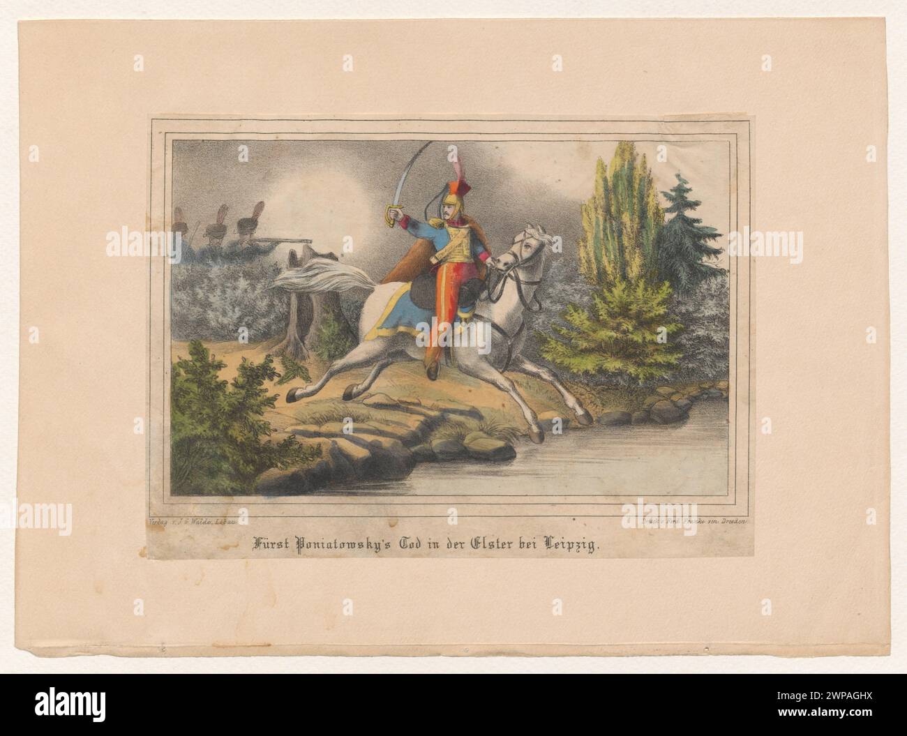 Questo libro illustra Józef Poniatowski attraverso la grafica tedesca, raffigurando la battaglia di Lipsia, i ritratti di cavalli e la sua morte, riflettendo la cultura polacca e la storia militare dell'era napoleonica. Foto Stock