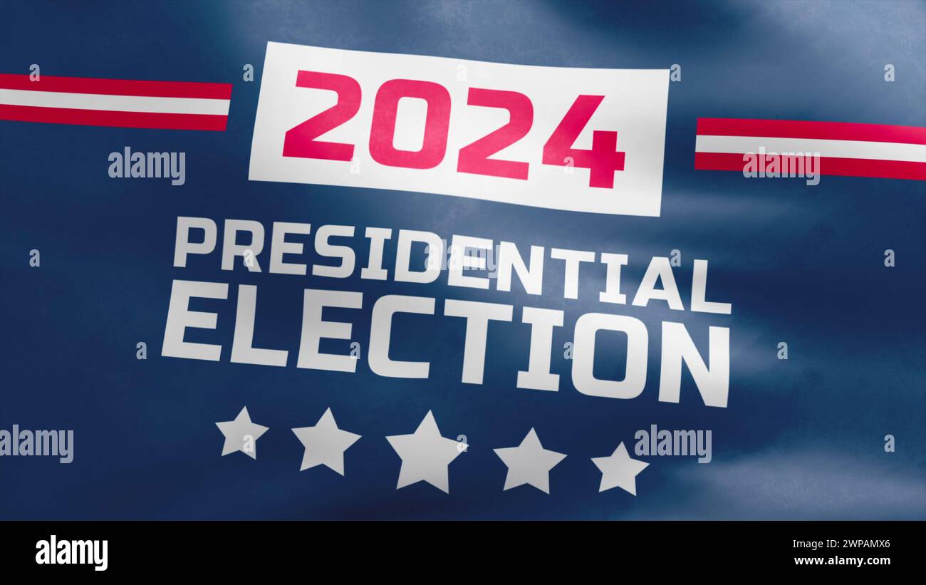 Rendering in 3D VFX di bandiera ondulata con l'iscrizione sulle elezioni presidenziali del 2024 negli Stati Uniti. La campagna elettorale del futuro Presidente dell'America. Concetto di democrazia e razze politiche. Foto Stock