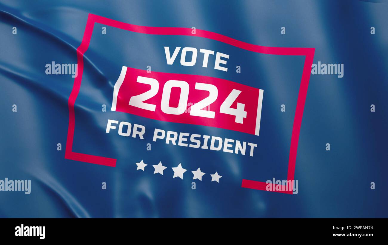 Grafica 3D VFX di sventolamento bandiera con l'iscrizione circa le elezioni presidenziali del 2024 negli Stati Uniti. La campagna elettorale del futuro Presidente dell'America. Concetto di democrazia e razze politiche. Foto Stock
