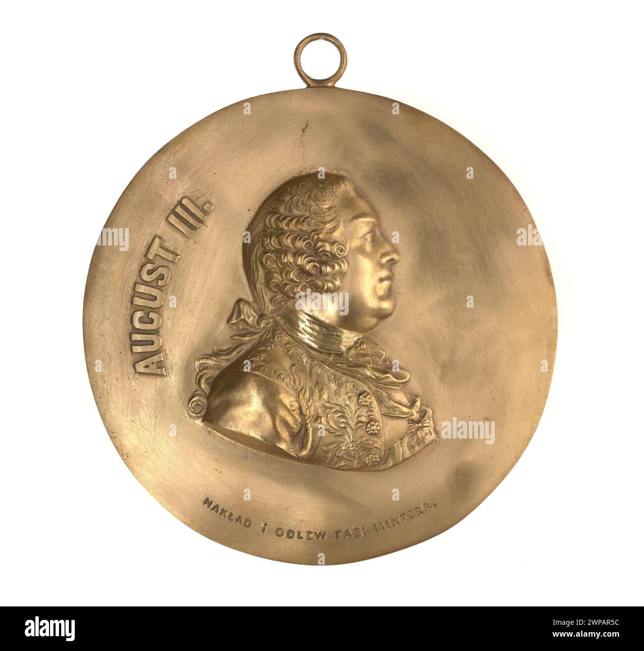 Medaglione raffigurante August III SAS (1696-1763), prodotto tra il 1855 e il 1865 a Varsavia da Karol Juliusz Minter e Wojciech Święcki, con ritratto reale e dettagli in metallo. Foto Stock