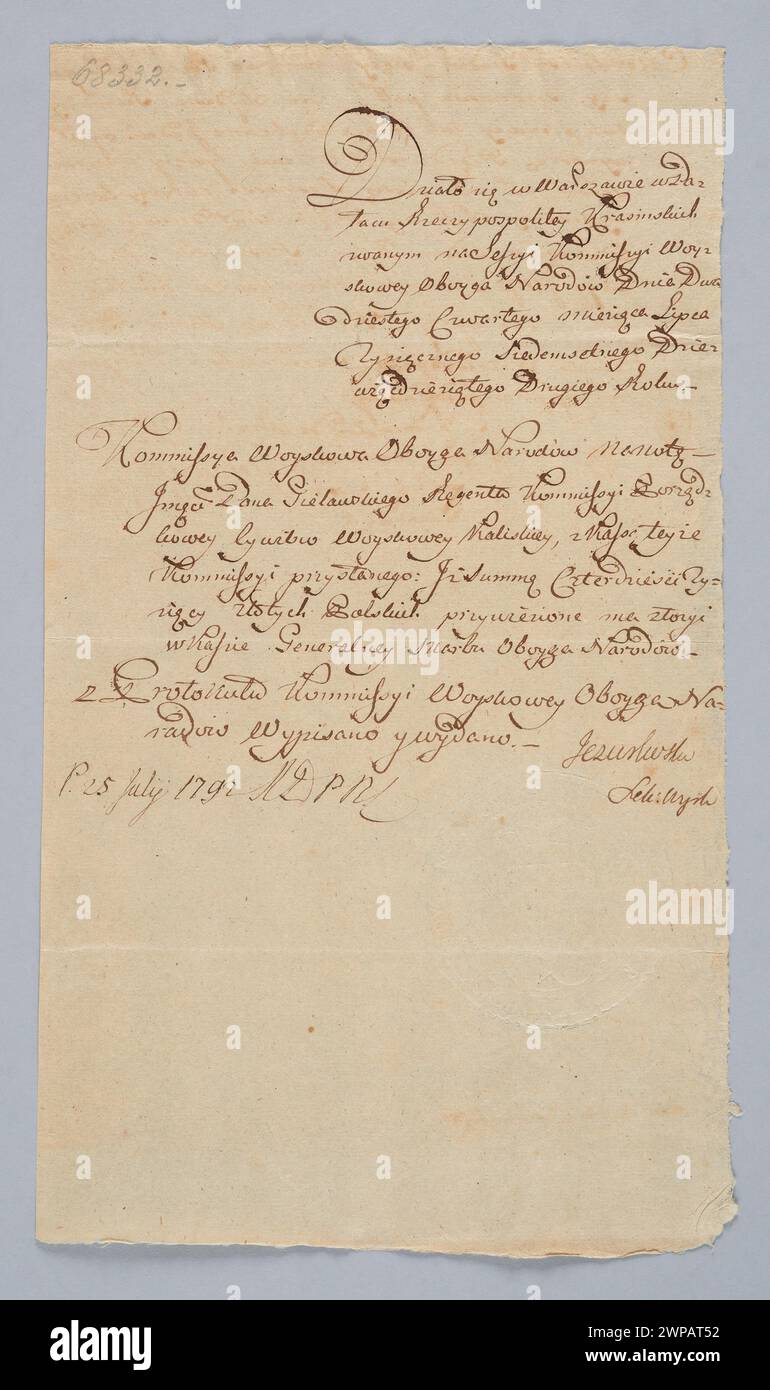 Documento del 1792 della Commissione militare di entrambe le nazioni che registra le funzioni amministrative e organizzative. Foto Stock