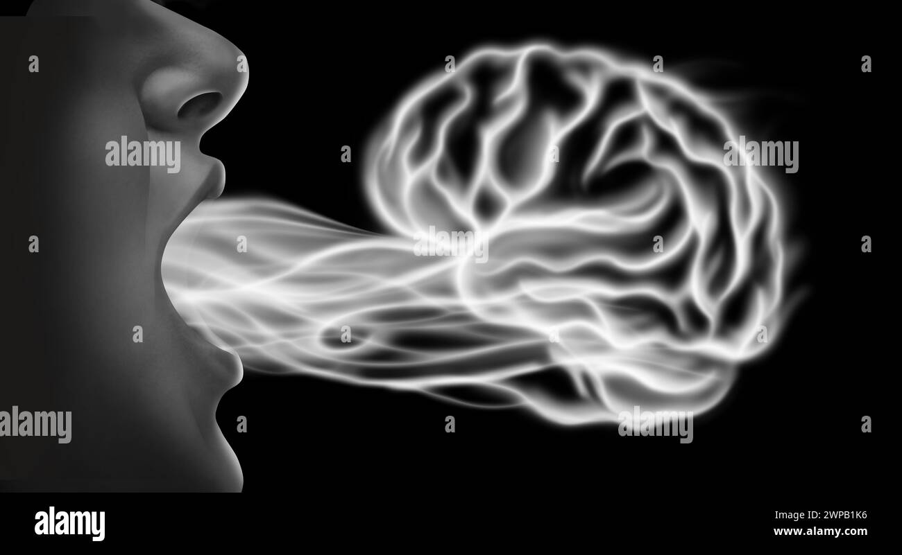 Vaping e la salute del cervello e la malattia correlata di dipendenza da nicotina rischio come una persona che espone fumo di vapore o vapore a forma di mente umana da un elettroni Foto Stock