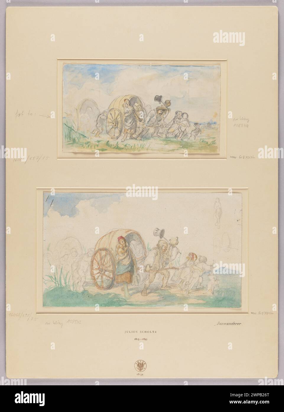 Emigranti - uno schizzo alla composizione, verso: Studio di Czyznych un'auto; studio braccio, emigranti - schizzo per composizione (variante 2); Scholtz, Julius (1825-1893); intorno al 1852 (1847-00-00-1857-00-00-00-00-00); Foto Stock