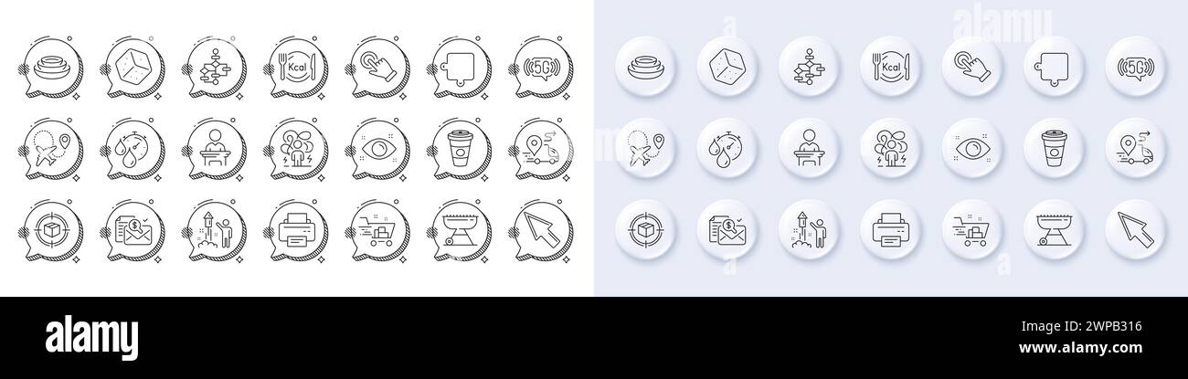 Dadi, calorie e icone della linea dei gesti sul touch screen. Per applicazioni Web, stampa. Icone di linea. Vettore Illustrazione Vettoriale