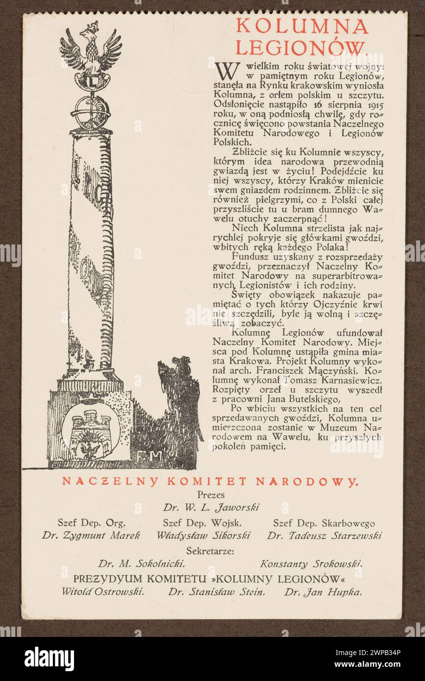 Stampa occasionale di circa 1915 che mostra una colonna di legioni con una descrizione dettagliata e elencando i membri più alti del Comitato Nazionale Supremo. Foto Stock Stampa occasionale di circa 1915 che mostra una colonna di legioni con una descrizione dettagliata e elencando i membri più alti del Comitato Nazionale Supremo. Foto Stock