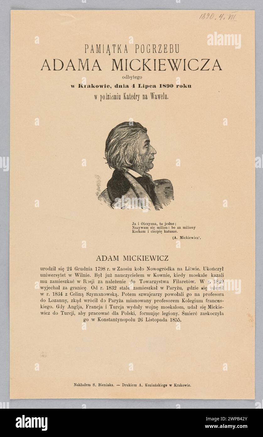 Souvenir dal funerale del poeta polacco Adam Mickiewicz il 4 luglio 1890, nella cripta della cattedrale di Wawel a Cracovia, con un ritratto di profilo e una breve biografia. Foto Stock