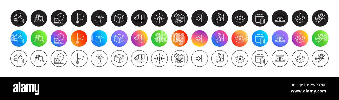 Icone di bagaglio a mano, consegna pacchi e linea faro. Per applicazioni Web, stampa. Pulsanti con icone rotonde. Vettore Illustrazione Vettoriale