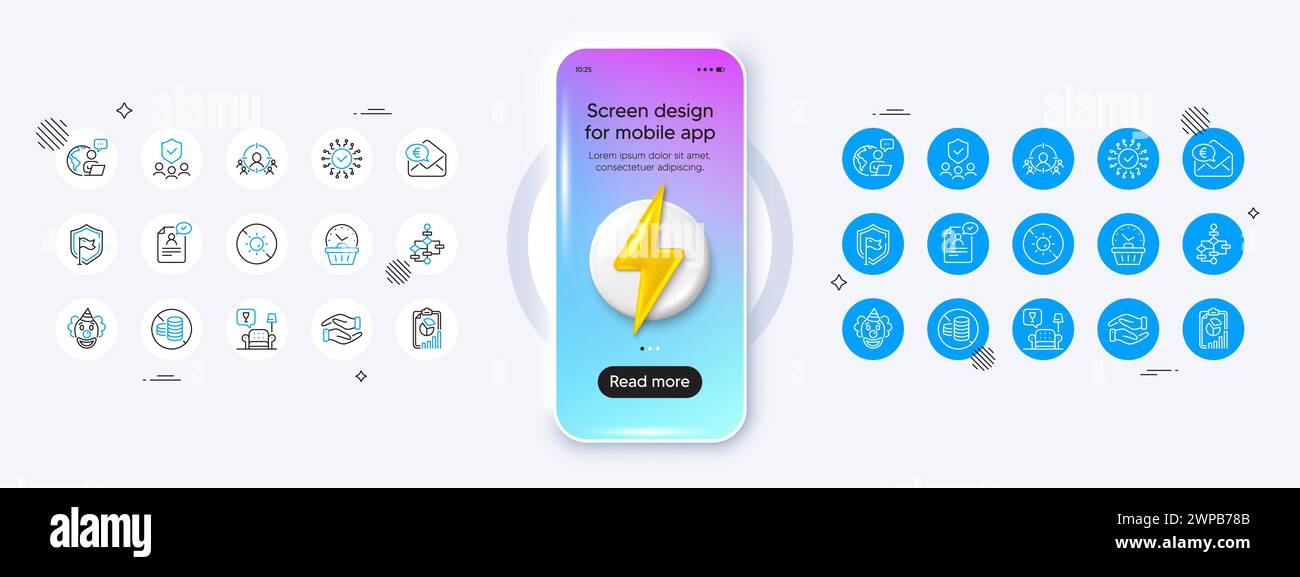 Nessuna icona di cassa, Shield e linea di lavoro in outsourcing. Per applicazioni Web, stampa. Modello telefonico con icona dell'energia 3d. Vettore Illustrazione Vettoriale