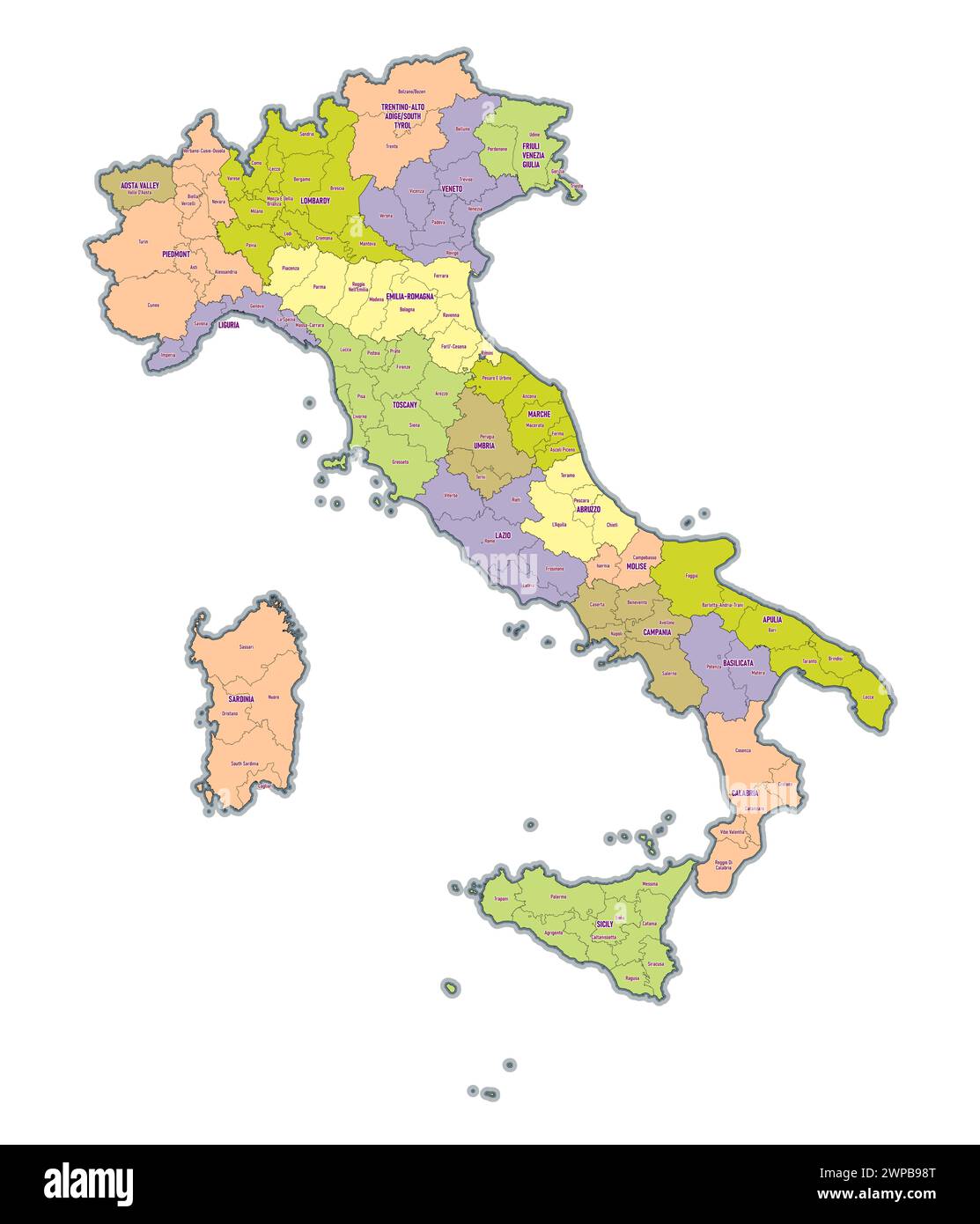 Mappa amministrativa dell'Italia che mostra le regioni, le province Illustrazione Vettoriale