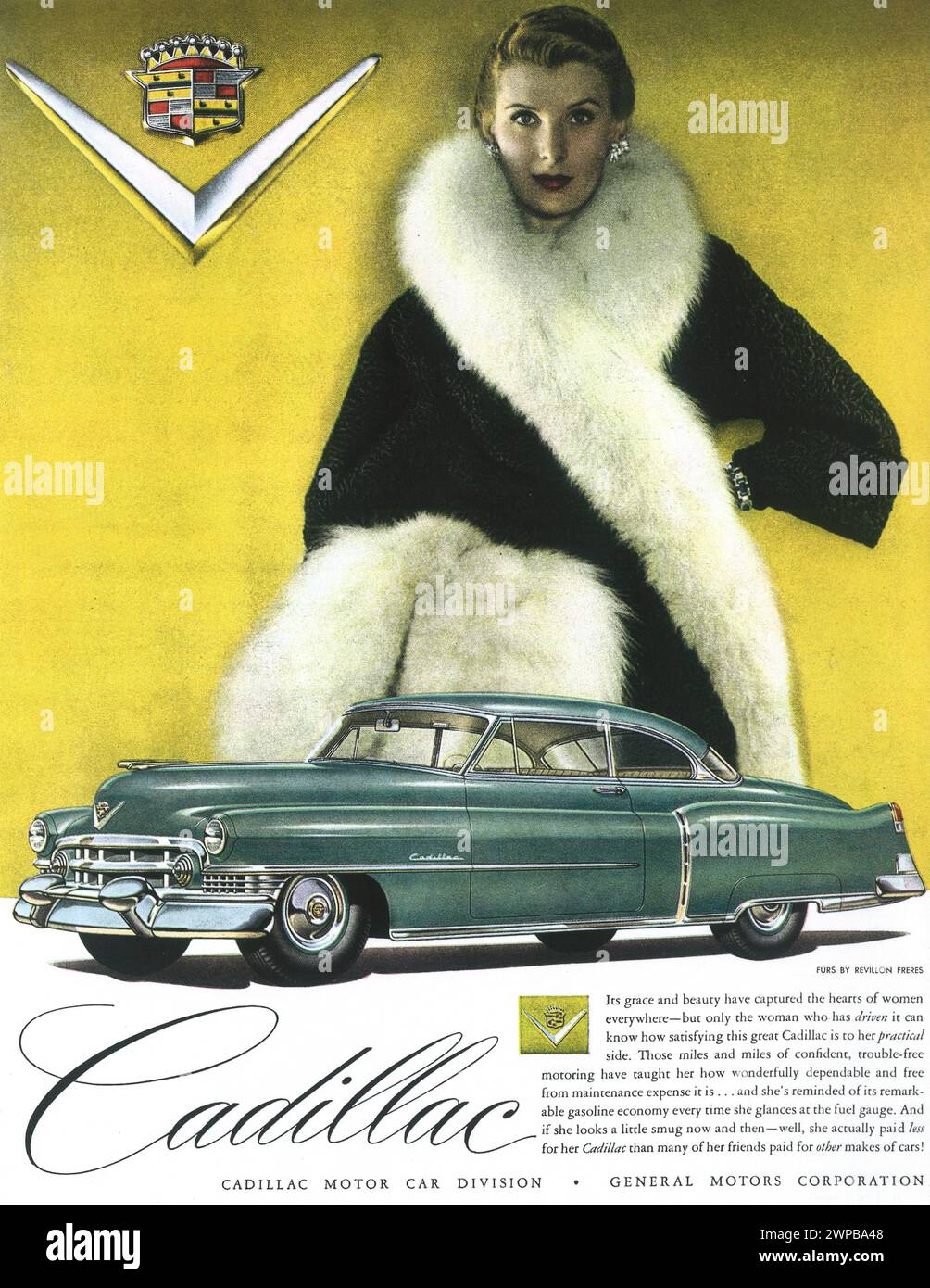 1950 Cadillac Series 62 annuncio a stampa con pellicce di Revillon Freres Foto Stock